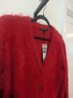 NWT French Connection Red Eyelash Knit Cardigan Sweater | Size L
